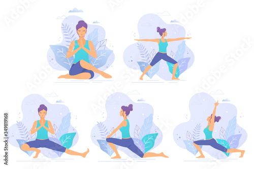 Collection of yoga vector illustrations. Yoga girl in a park vector illustration. Healthy lifestyle.