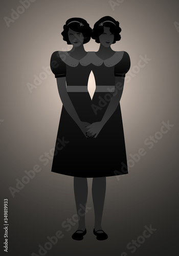 Backlit silhouette of siamese sisters dressed in the old way