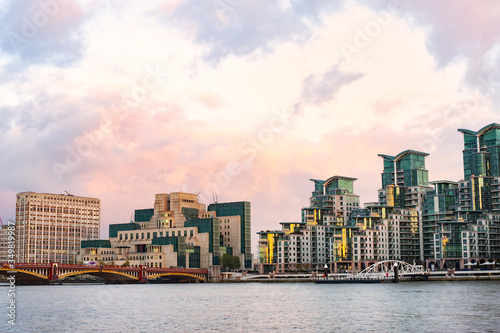 Stunning view of the St George Wharf area illuminated by a beautiful sunset. St George Wharf is a riverside development in Vauxhall, Lambeth, London, England. © Travel Wild