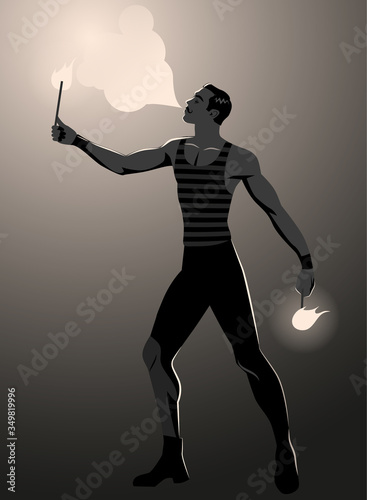 Backlit silhouette of fire eater in vintage style, spitting fire and wearing old clothes