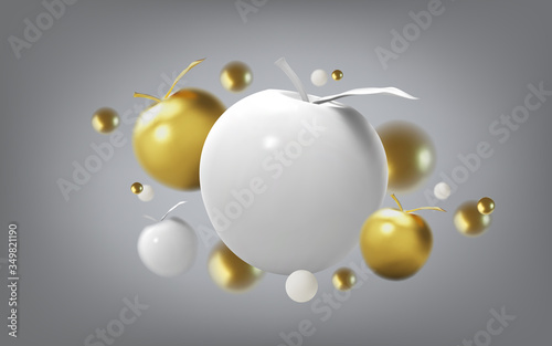 Abstract background with gold apple and metalic spheres, front view. 3D template for products, advertizing, web banners, vector