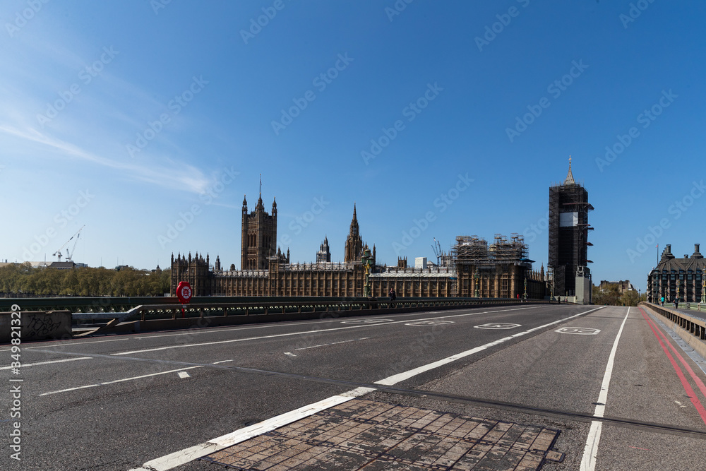 London, United Kingdom, Vue on Houses of Parliament  during lockdown due to covid-19 breakout 