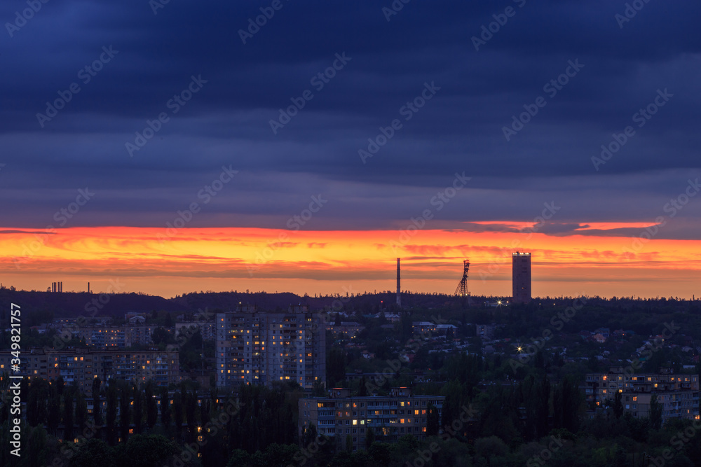 Panorama of the sunset or sunrise of an industrial city in eastern Europe