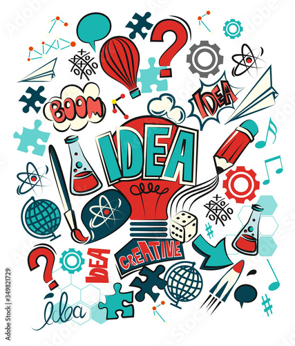 Lightbulb ideas concept doodles icons set and drawing business strategy. Vector illustration.