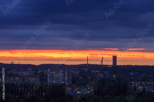 Panorama of the sunset or sunrise of an industrial city in eastern Europe