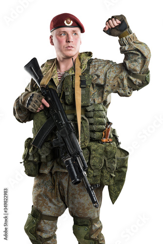 Male in russian mechanized infantry uniform isolated with clipping path on white background.