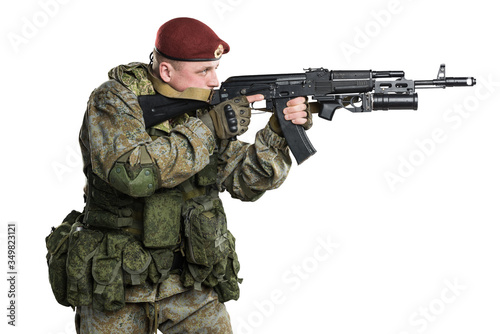 Fototapeta Male in russian mechanized infantry uniform isolated with clipping path on white background