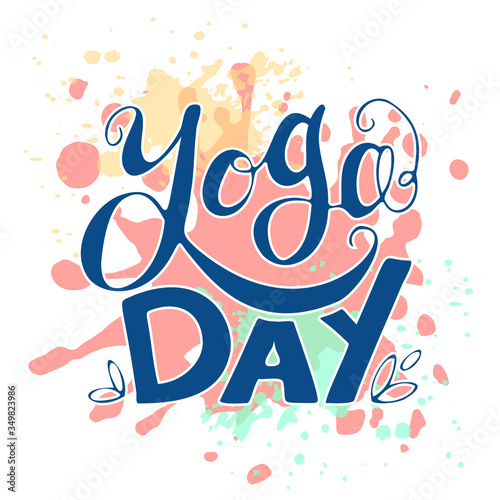 Yoga sign lettering. International yoga day. Hand drawn lettering on white background. Yoga script, yoga words. Lettering with ink pen.