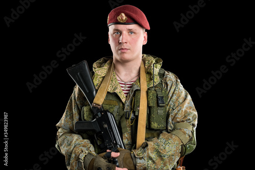 Obraz na plátně Male in russian mechanized infantry uniform isolated with clipping path on black background
