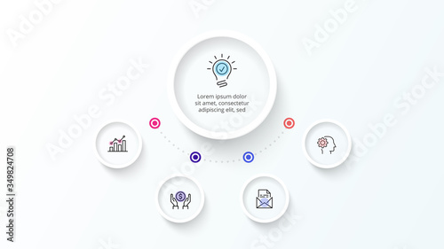 White infographic design template. Flowchart with four circle elements. Concept of 5 steps of business strategy. Clean vector illustration for presentation.