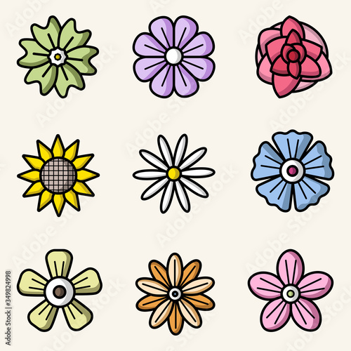 Vector set of flowers colorful flat style isolated icons