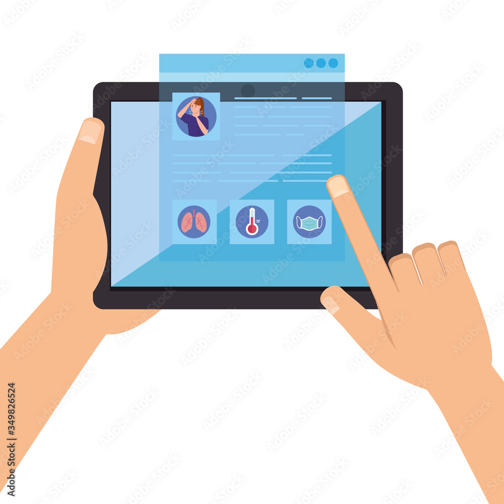 searching covid 19 information online in tablet device vector illustration design searching covid 19 information online in tablet device vector illustration design