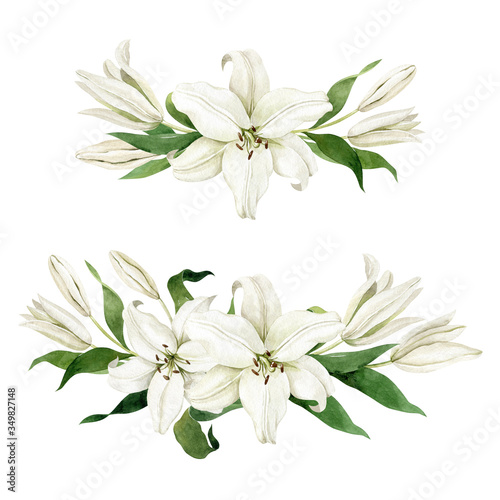 Watercolor white lilies two horizontal compositions isolated on white background. Hand drawn clipart for wedding invitations  birthday stationery  greeting cards  scrapbooking.