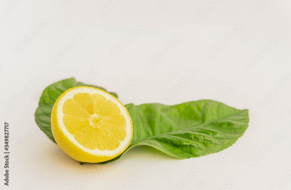 Half Organic Lemon with two lemon tree leaves isolated on white. Close up view. Fresh summer background. Half Organic Lemon with two lemon tree leaves isolated on white. Close up view. Fresh summer background.