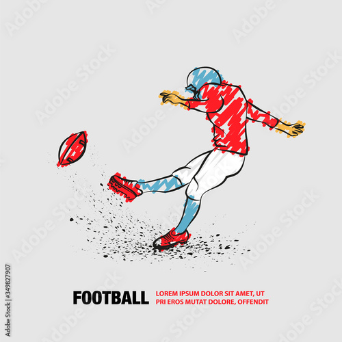 American football kicker hits the ball. Vector outline of football player with scribble doodles style.