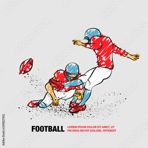 American Football Kicker Hits the Ball. Vector outline of Football player with scribble doodles style.