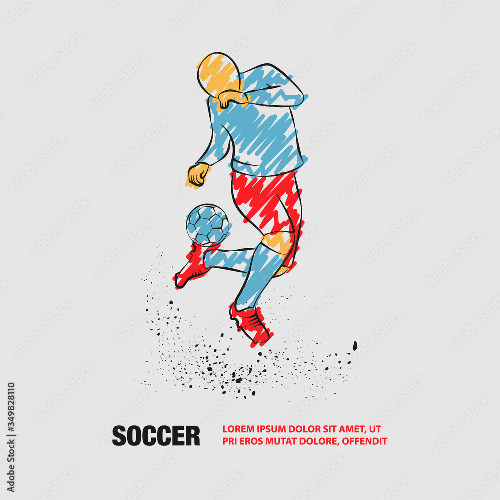 Soccer player fights with ball on heel. Vector outline of soccer player with scribble doodles style.