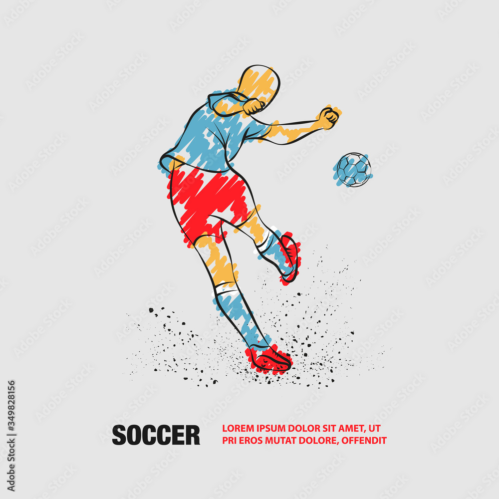 Soccer player kicks the ball. Back view. Vector outline of soccer player with scribble doodles style.