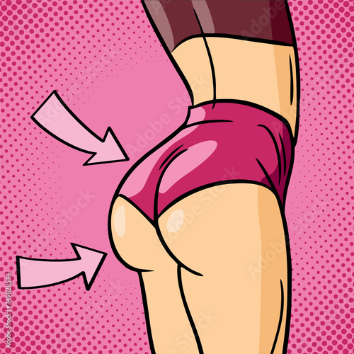 Close-up torso of women with arrow showing muscles. Fitness exercises. Fitness exercise for torso, butt, waist, press. Concept of a healthy lifestyle.