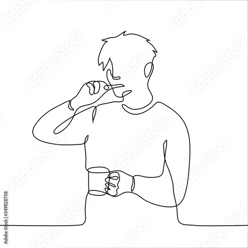 shaggy man in pajamas brushes his teeth and holds a glass. One continuous line art concept of morning preparations: for work, meeting, negotiations, urgent business. Can be used for animation.