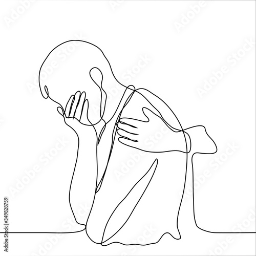 drawing of a crying man, his hand pressed to his face, someone else is trying to console him with a stroke of his hand. One continuous line art is the concept of despair and comfort