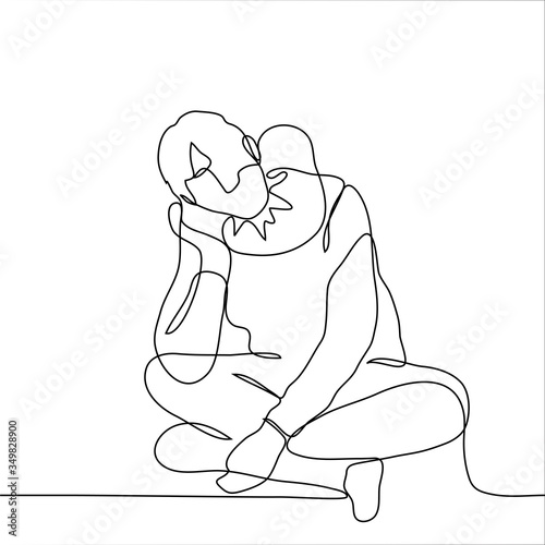 full-length man sits cross-legged on the floor, wearing an inflatable pillow for his neck. One continuous line is a drawing of a tired, expectant, sleepy, exhausted person. Can be used for animation.