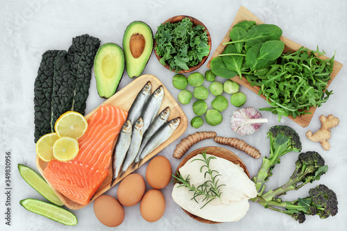 Healthy food for asthma & respiratory diseases including COPD with health foods high in protein, omega 3, antioxidants, vitamins & minerals. Immune boosting. Flat lay. photo