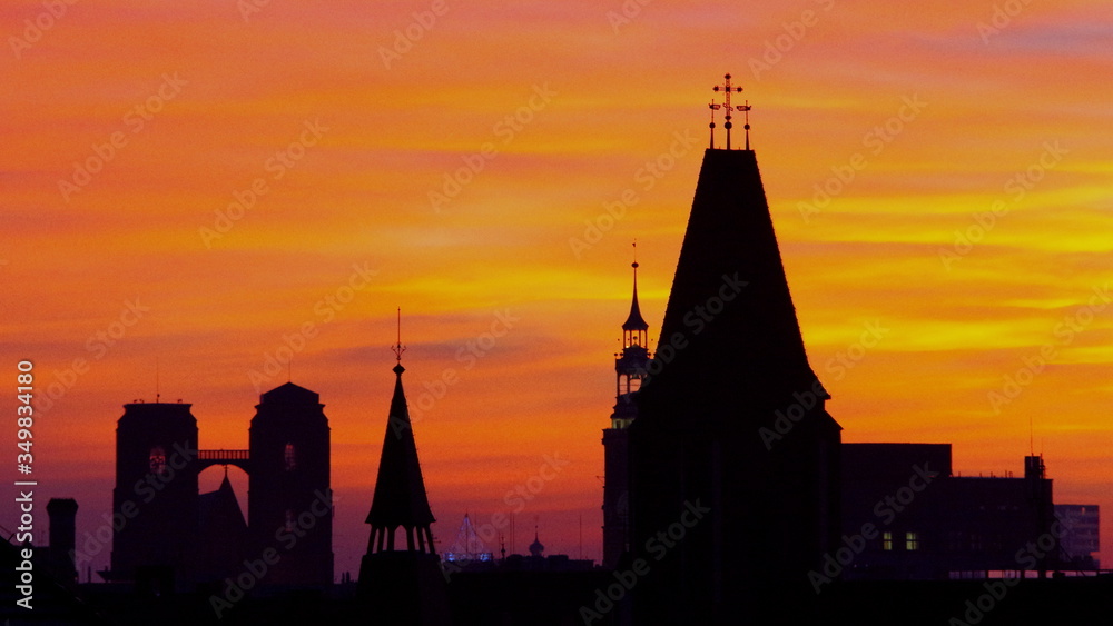 Church towers in Wroclaw during sunset
