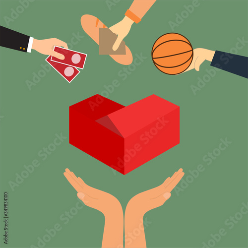 man's hand drop money to donation box and pair hand support below