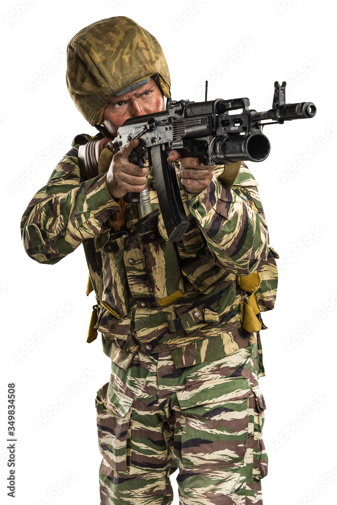 Male in uniform conforms to Russian army special forces (OMON) in War in Chechnya. Isolated on white background Male in uniform conforms to Russian army special forces (OMON) in War in Chechnya. Isolated on white background