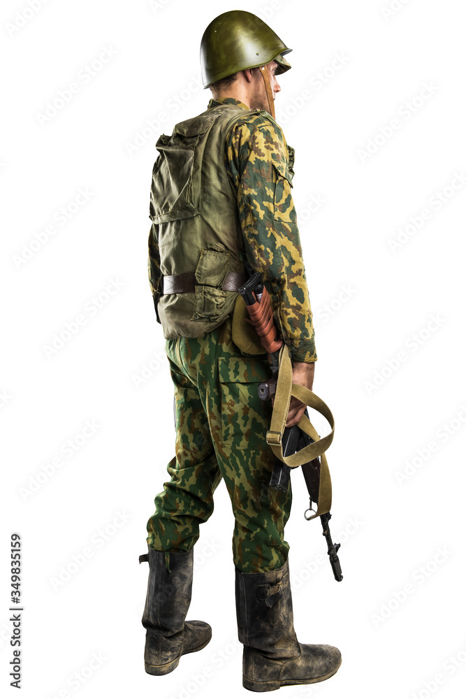 Obraz premium Male in uniform conforms to Russian army special forces (OMON)&nbsp;in War in Chechnya. Isolated on white background