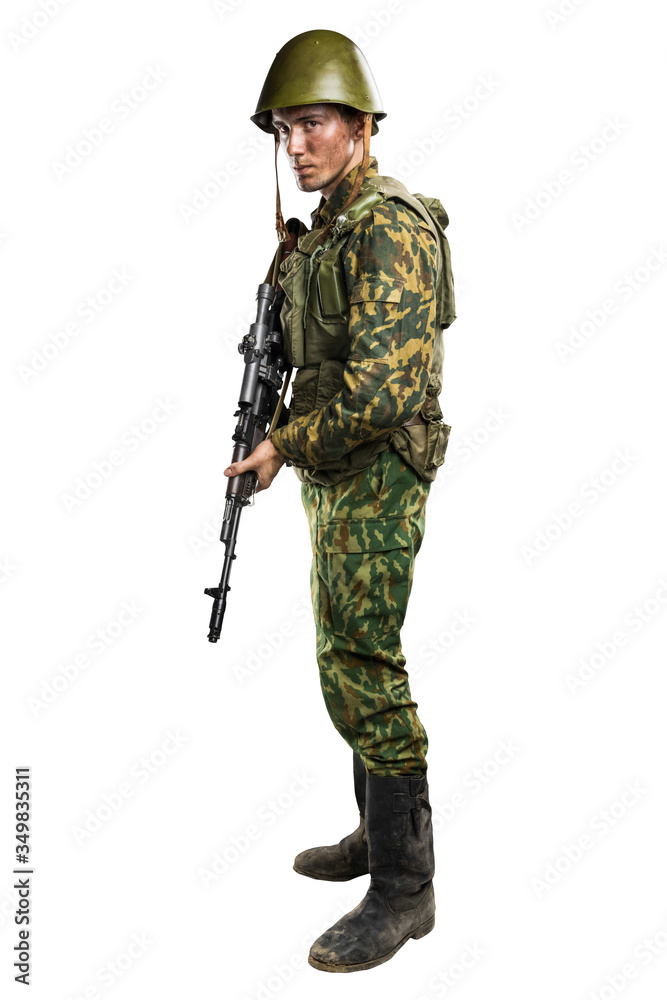 Male in uniform conforms to Russian army special forces (OMON) in War in Chechnya. Isolated on white background Male in uniform conforms to Russian army special forces (OMON) in War in Chechnya. Isolated on white background