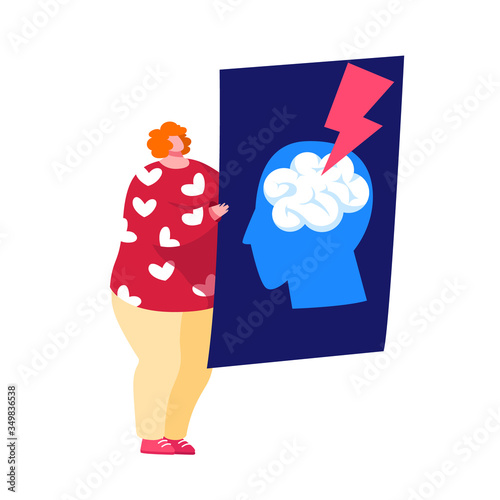 Tiny Female Character Holding Xray of Human Head with Brain Stroke, Apoplexy, Insult Attack. Doctor with X-ray of Patient. Vessel Rupture, Migraine Medial Aid, Neurology. Cartoon Vector Illustration
