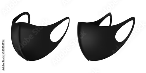 Anti-Dust Black Face Mask Vector For Running. Vector 3d realistic industrial safety respiratory face mask in black. Isolated illustration in side and front view. Safe breathing anti virus protection.