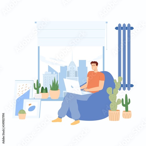 Home office. Man working at home. Guy successfully organizing their working hours. Stay at home. Vector illustration in a flat style. 