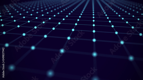 Abstract wireframe perspective grid, connection of blue dots and lines on dark background. 3d rendering.