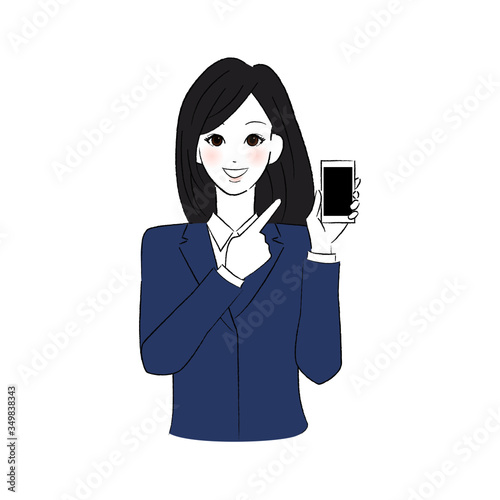 スマホを指差す制服を着た女性