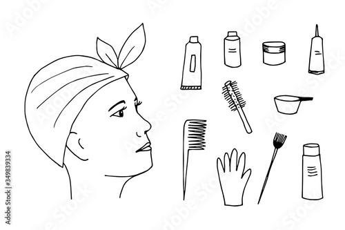 Simple vector doodle set in black outline. The face of a cute girl in profile, hair wrapped in a towel. Skin Care, Cosmetics, Dyeing, Cream, Comb. Beauty salon at home, hairdresser.