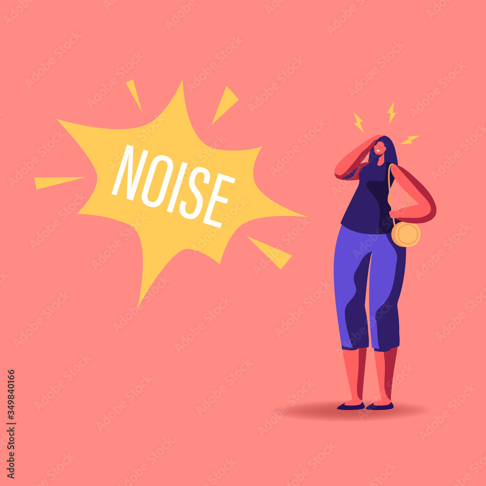 Female Character Suffering of Noise Pollution. Big City Social Problem of  Much Hubbub on Street. Woman Dweller Cover Ears to Stop Hearing Loud Sounds  and Tinnitus. Cartoon People Vector Illustration Stock Vector |