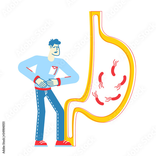 Gastroenterology Concept. Patient Character Touching Sick Belly Suffering of Stomach Ache causes Helicobacter and Gastritis Disease. Stomachache, Abdominal Pain. Linear People Vector Illustration