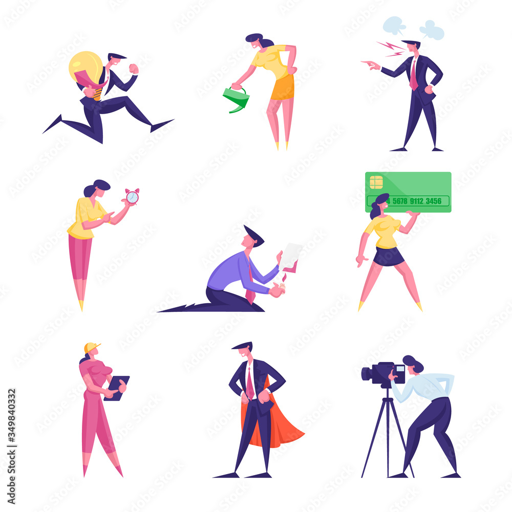 Male and Female Business People Run with Huge Bulb, Use Watering Can, Burning Secret Documents, Carry Credit Card. Characters Record Video, Wear Super Hero Cloak. Cartoon People Vector Illustration