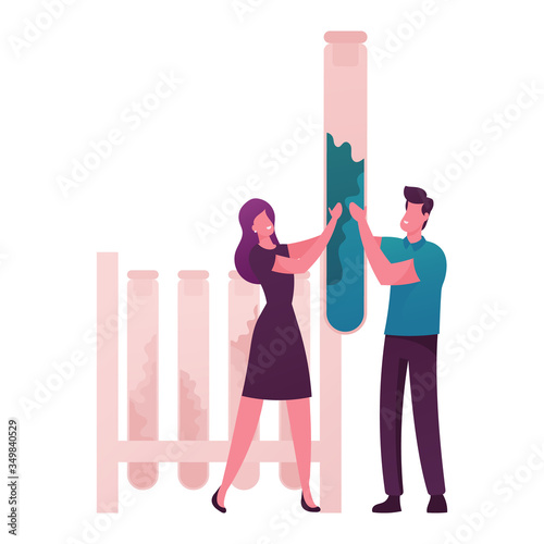 Tiny Male and Female Characters Holding Huge Test Tube with Essential Oil Extract in Lab. Herbal Aroma Therapy Cosmetic Perfumery Production, Floral Toilet Water Fragrance. Cartoon Vector Illustration