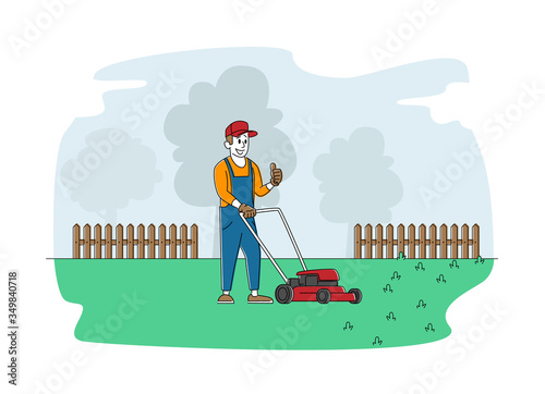 Man Character Mow Lawn in Garden or Public City Park. Gardener, Cottager or Worker Use Lawn Mower Machine for Landscaping and Caring of Home Backyard Cutting Trimming Grass. Linear Vector Illustration