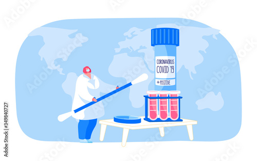 Covid19 Diagnostics. Doctor Character Wearing Antiviral Protective Mask Holding Huge Swab for Making Nasal Test for Coronavirus Infection Diagnostics to Patient in Lab. Cartoon Vector Illustration