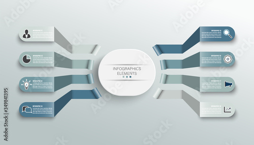 Vector infographic template with 3D paper label, integrated circles. Business concept with 8 options. For content, diagram, flowchart, steps, parts, timeline infographics, workflow, chart.