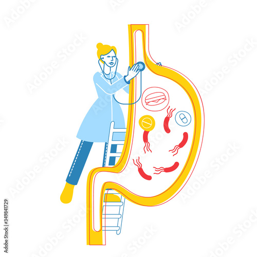 Gastroenterology Concept. Female Doctor Character Stand on Ladder with Stethoscope at Huge Stomach. Medic Study Stomachache with Gastritis and Helicobacter Pylori. Linear People Vector Illustration
