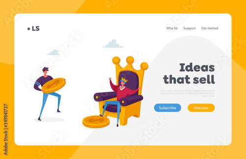 Hype, Viral Info in Social Network Landing Page Template. Trends in Advertising, News and Public Relations. Male Character Give Gold Coin to King Sitting on Throne. Cartoon People Vector Illustration