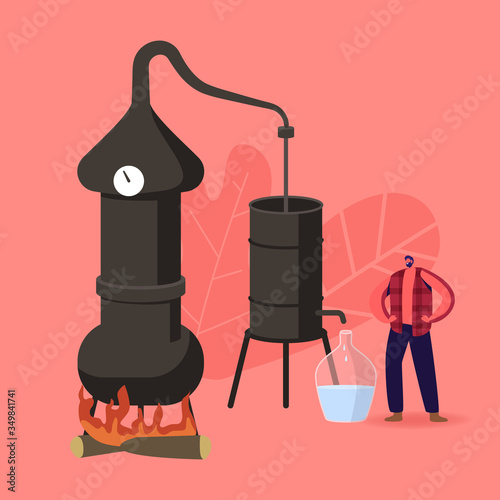 Tiny Male Character Cooking Homemade Moonshine in Special Retro Hooch Tower Working on Fire. Alcohol Brewing Process in Home Conditions, Old Fashioned Method for Hootch. Cartoon Vector Illustration