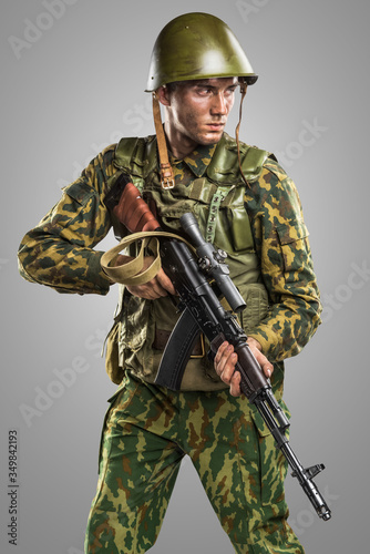 Fotografie Male in uniform conforms to Russian army special forces (OMON) in War in Chechnya