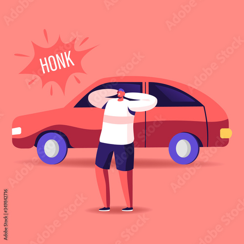 Male Character Cover Ears to Stop Hearing Car Honk, Loud Sounds and Tinnitus. Man Suffering of Noise Pollution. Big City Dweller Social Problem of Uproar and Din. Cartoon People Vector Illustration